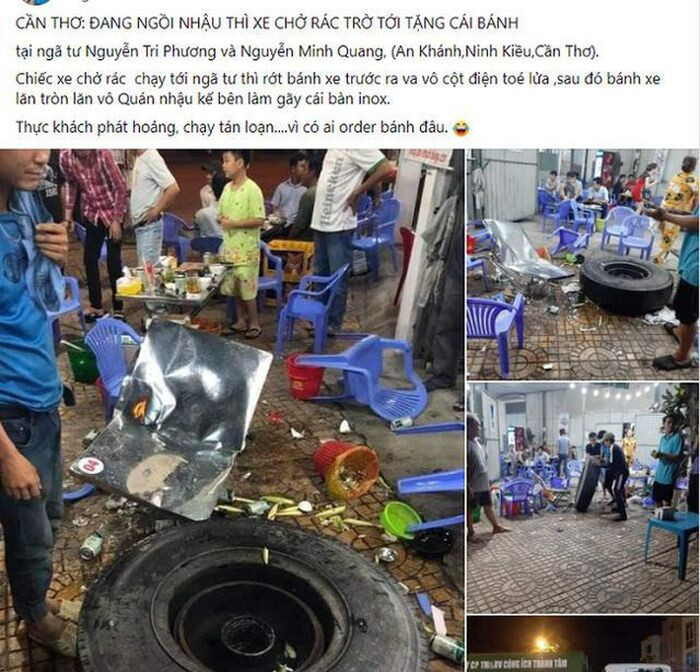 Đang ngồi ăn uống trên vỉa hè, thực khách bỏ chạy tán loạn vì bị lốp ô tô văng trúng