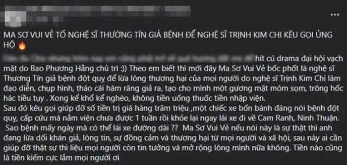 Bị tố dàn dựng vụ NS Thương Tín bị bệnh, Trịnh Kim Chi lên tiếng: 'Đừng tàn nhẫn với chúng tôi như vậy'