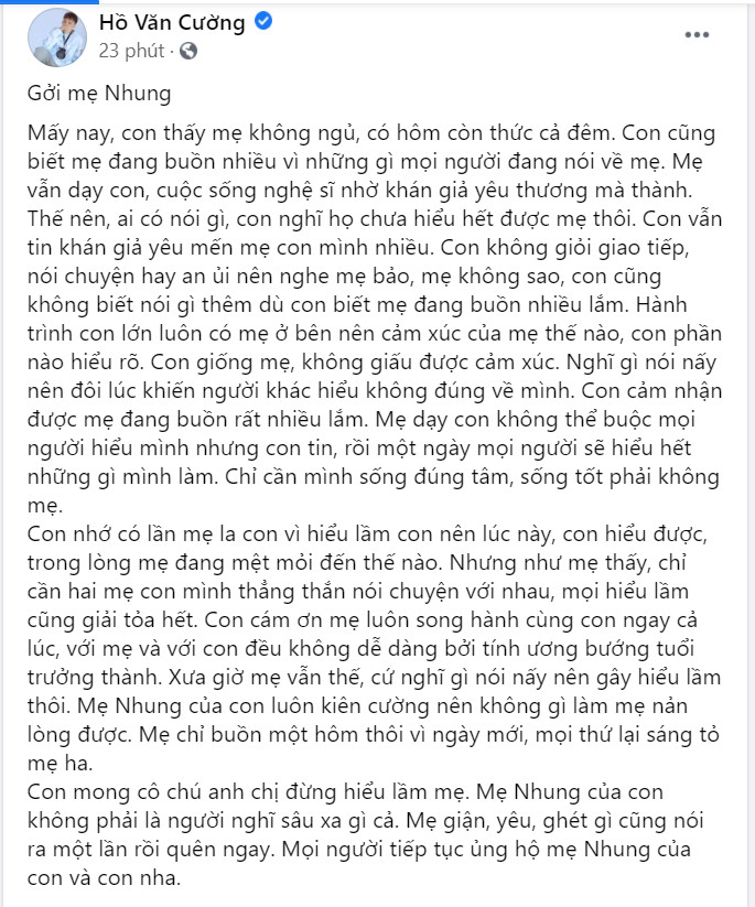 Hồ Văn Cường viết 'tâm thư' gửi mẹ nuôi Phi Nhung: 'Nghệ sĩ nhờ khán giả yêu thương mà thành' Ảnh 2