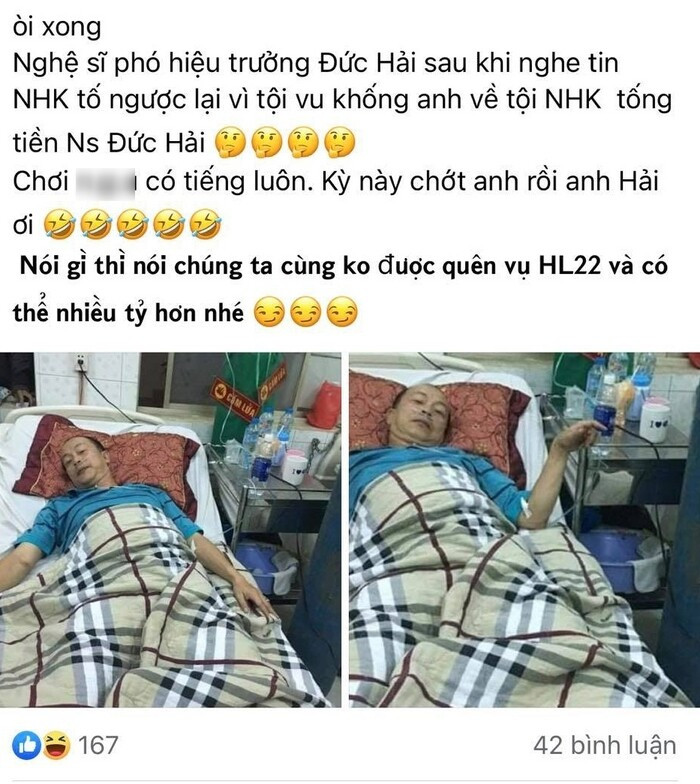 Xôn xao hình ảnh NS Đức Hải nằm trên giường bệnh, tay gắn kim truyền giữa 'bão drama'