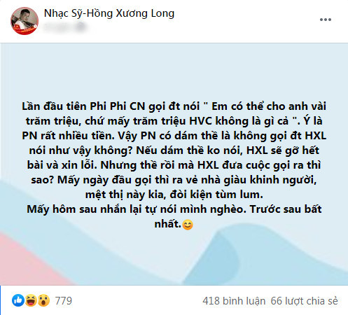 Nhạc sĩ Hồng Xương Long hứa gỡ hết bài đăng và xin lỗi công khai 'ca sĩ Phi Phi' nếu cô dám thề điều này