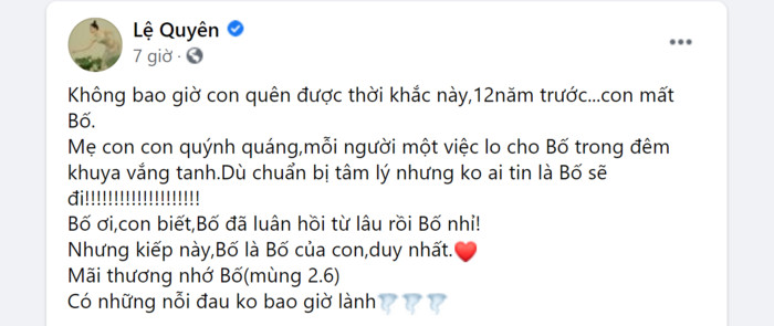 Lệ Quyên 'nức nở' nhắc đến người bố đã mất, xem đó là 'nỗi đau không bao giờ lành' Ảnh 1