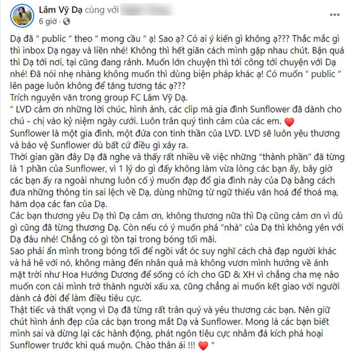 Lâm Vỹ Dạ mắng 'ai đó' cực gắt: 'Sao phải ẩn mình trong bóng tối để vắt óc nghĩ cách chà đạp người khác'
