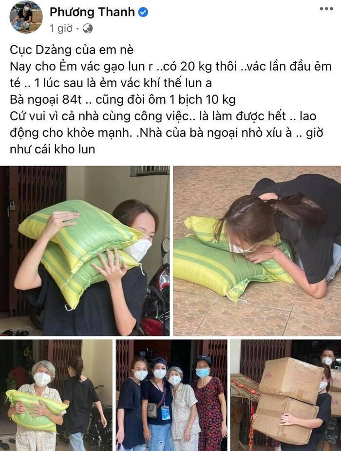 Con gái Phương Thanh theo mẹ làm từ thiện, té sõng soài 'rách quần' khi lần đầu vác 20 kg gạo Ảnh 1