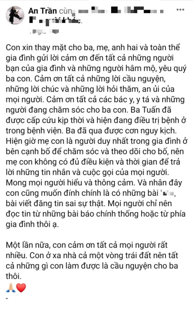 Con gái NS saxophone Trần Mạnh Tuấn đính chính thông tin sai lệch về tình hình sức khỏe của ba