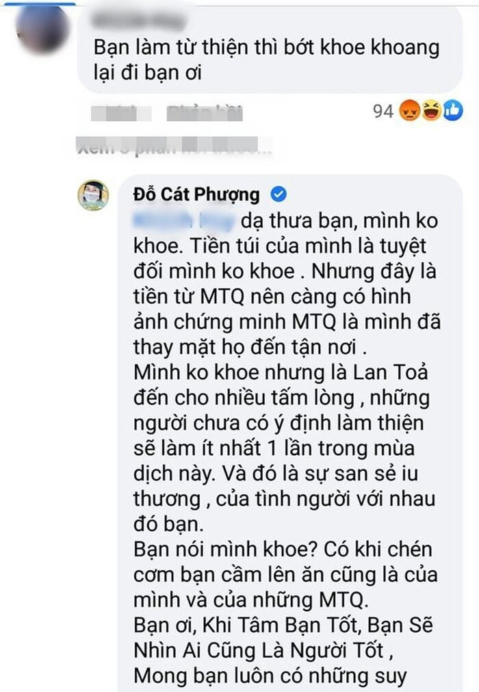 Bị anti-fan nói khoe khoang khi làm từ thiện, Cát Phượng lên tiếng: 'Có khi chén cơm bạn ăn là của mình'