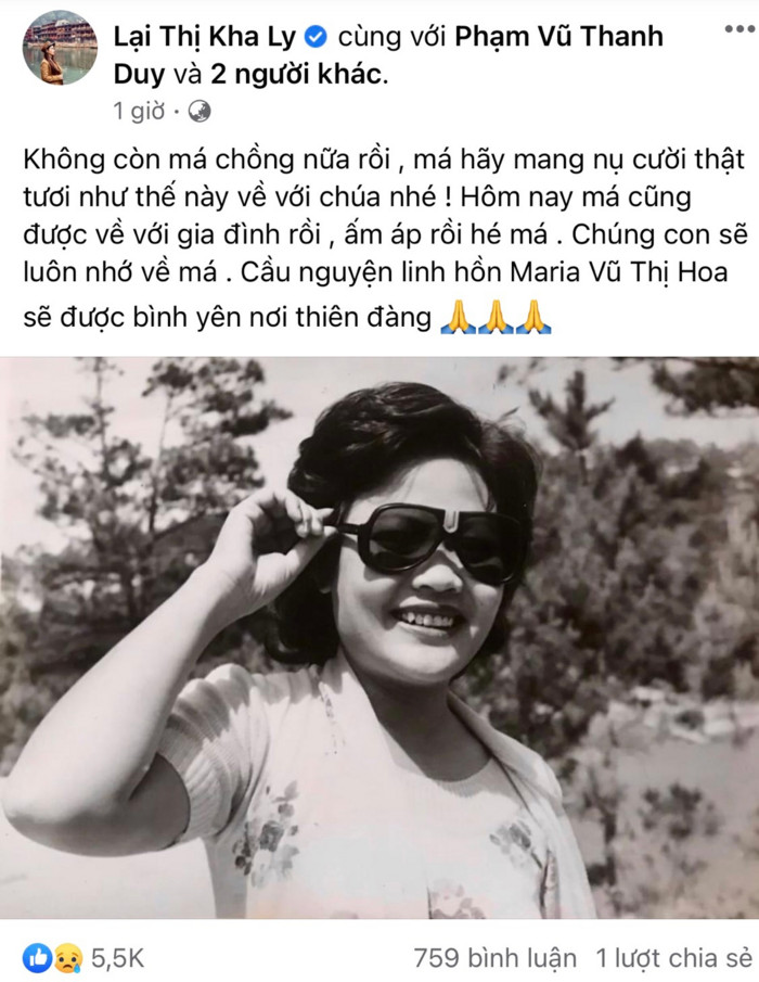 Mẹ diễn viên Thanh Duy từ trần, Kha Ly đau buồn: 'Không còn má chồng nữa rồi!'