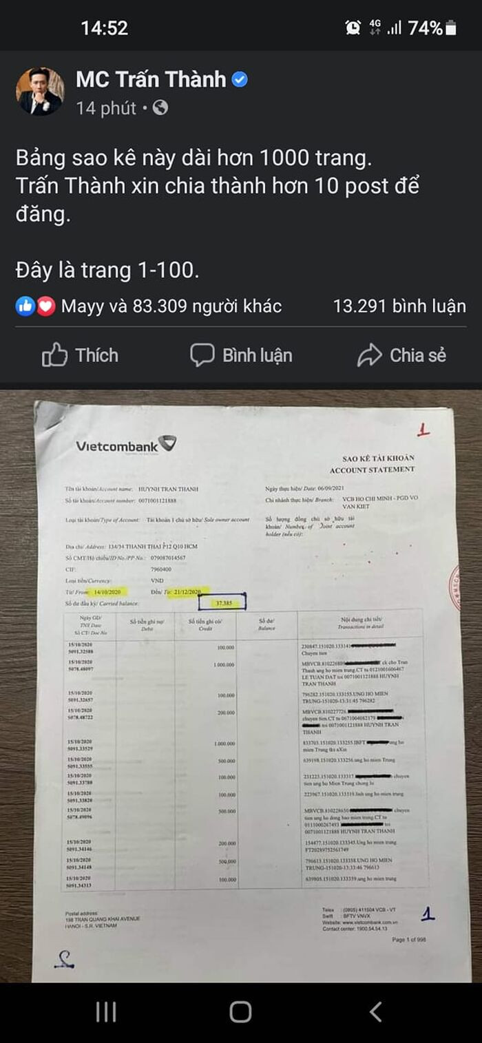 Thực hư việc bài đăng công khai 'sao kê' của Trấn Thành 'thoắt ẩn thoắt hiện' khiến netizen hoang mang? Ảnh 6
