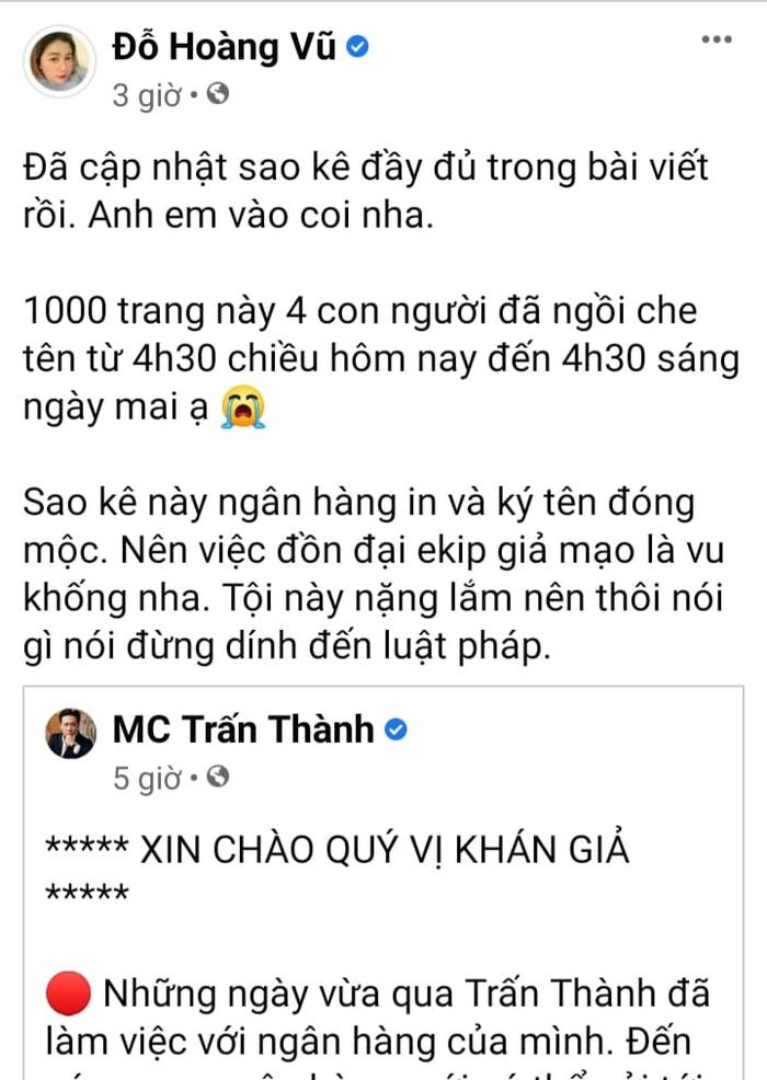 Quản lý lên tiếng khi 1.000 trang sao kê của Trấn Thành bị đồn là giả mạo