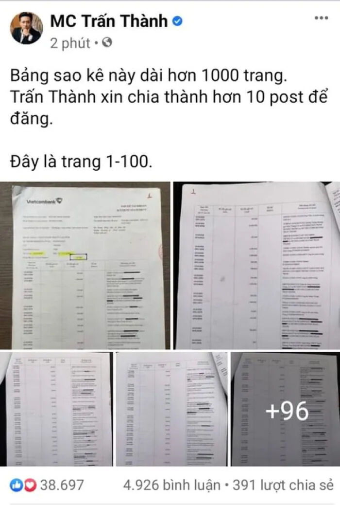 Quản lý lên tiếng khi 1.000 trang sao kê của Trấn Thành bị đồn là giả mạo