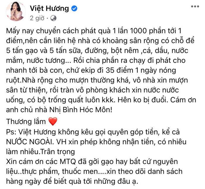 Nghệ sĩ Việt Hương minh bạch 'sao kê' hàng ngày: 'Không nhận tiền, có nhiêu làm nhiêu'