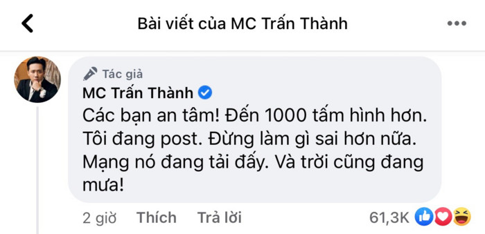 Sau khi tung bản sao kê, Trấn Thành nhắn nhủ ai đó: 'Đừng làm gì sai hơn nữa, trời đang mưa'