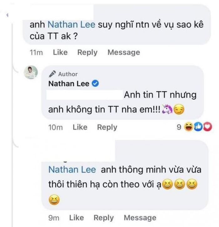 Bị hỏi về chuyện sao kê của Trấn Thành, Nathan Lee có động thái không tin người này nhưng lại tin ai đó?