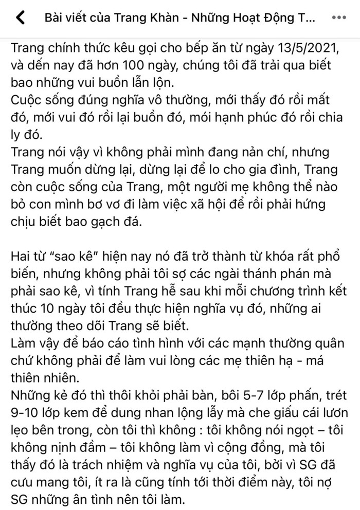 Trang Trần sao kê từ thiện, tuyên bố dừng lại vì hứng chịu 'gạch đá', nhắn nhủ ai đó lộng lẫy mà lươn lẹo