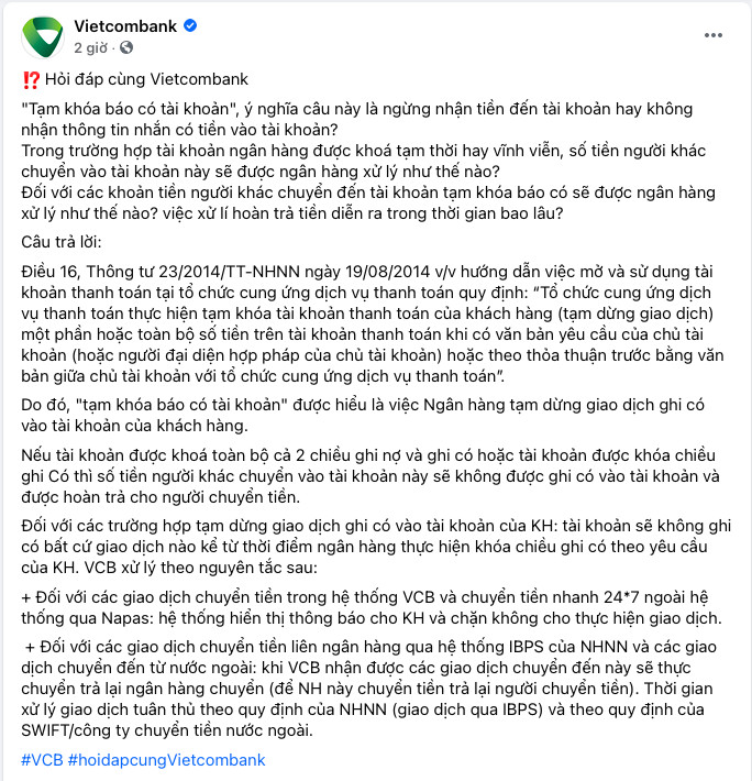 Cực nóng: Vietcombank vừa trả lời chi tiết thắc mắc về cụm từ 'tạm khoá báo có' Ảnh 1