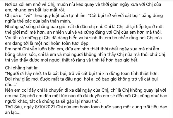 Em trai Phi Nhung nghẹn ngào nỗi nhớ: 'Muốn níu kéo chị nhưng em bất lực mất rồi'