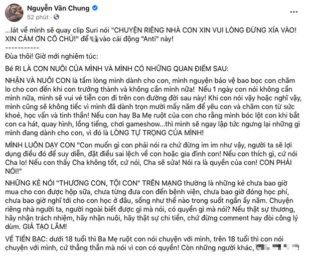 Bị tố quỵt tiền con gái nuôi, Nguyễn Văn Chung lên tiếng, nhắc đến Hồ Văn Cường