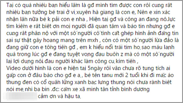 Mẹ bé trai 2 tuổi mất tích lên tiếng bức xúc: 'Có người lừa đảo là đang giữ con em để tống tiền' Ảnh 2