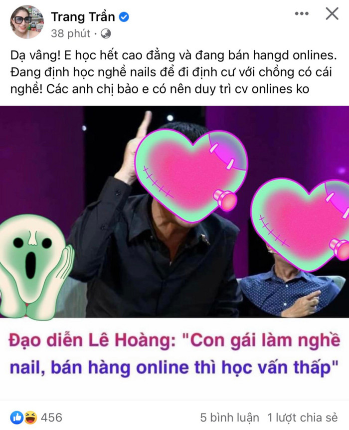 Trang Khàn phản ứng trước phát ngôn 'con gái làm nail, bán hàng online có học vấn thấp' của Lê Hoàng