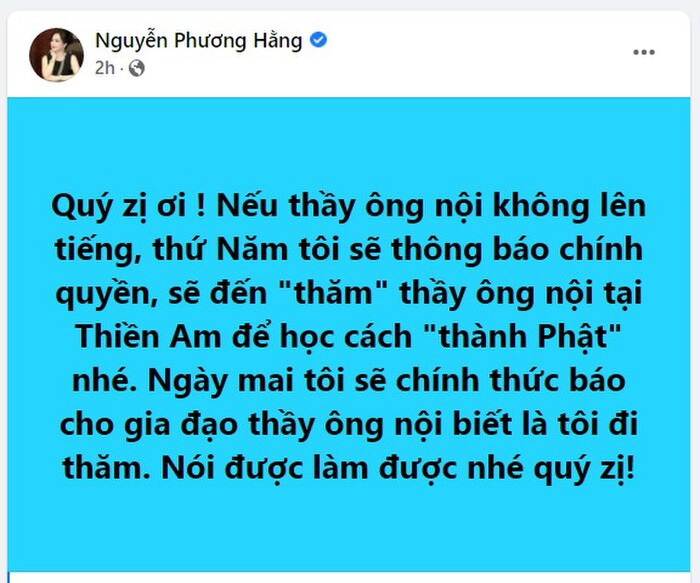 Bà Phương Hằng tuyên bố sẽ đích thân đến 'thăm' 'Tịnh thất Bồng Lai' nếu ông Lê Tùng Vân không lên tiếng Ảnh 1