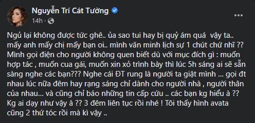 MC Cát Tường mắng kẻ làm phiền lúc 5 giờ sáng: 'Đầu 2 thứ tóc rồi mà kì'