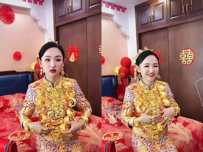 Cô dâu khoe vàng đeo trĩu cổ, nằm trên giường cưới rải hàng xấp tiền khiến dân tình thầm ghen tị