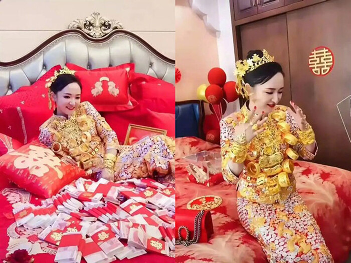 Cô dâu khoe vàng đeo trĩu cổ, nằm trên giường cưới rải hàng xấp tiền khiến dân tình thầm ghen tị