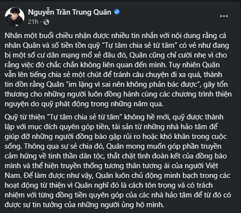 Bị nghi 'ỉm hơn 186 triệu đồng tiền từ thiện', ca sĩ Nguyễn Trần Trung Quân lên tiếng