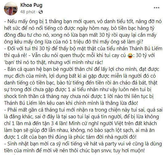 Khoa Pug bất ngờ lên tiếng bị bạn lừa 30 tỷ, tuyên bố: '30 tỷ với bạn thì to, nhưng với mình như rác' Ảnh 2