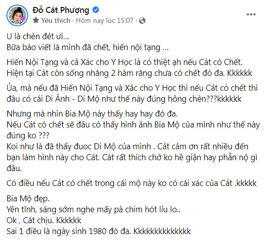 Cát Phượng gửi lời cảm ơn đến người làm bia mộ cho mình, hứa hiến xác cho y học