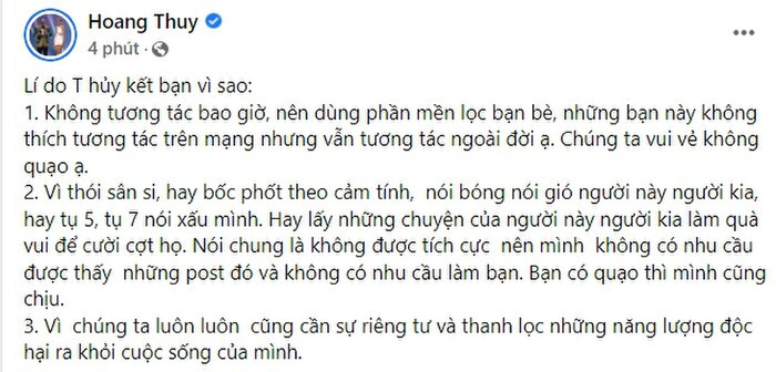 Hoàng Thùy phản bác nhiếp ảnh gia khi bị tố unfriend cộng sự: 'Vì thói sân si hay bốc phốt theo cảm tính' Ảnh 1