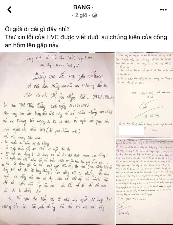 Xôn xao bức thư tay Hồ Văn Cường gửi xin lỗi Phi Nhung và hé lộ về cuộc sống ở nhà mẹ nuôi