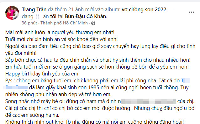 Trang Trần hạnh phúc mừng sinh nhật chồng, không quên nhắn anti-fan: 'Của chị, chị bỏ mấy em mới hưởng'