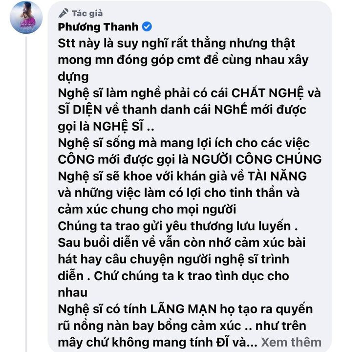 Phương Thanh gay gắt gọi 'ai đó' là 'đĩ tiền', nhắn nhủ: 'Nghệ sĩ làm nghề phải có chất nghệ và sĩ diện' Ảnh 3