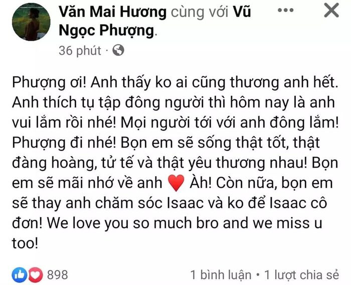 Văn Mai Hương gửi lời tiễn biệt đạo diễn Vũ Ngọc Phượng: 'Bọn em sẽ thay anh chăm sóc Isaac'