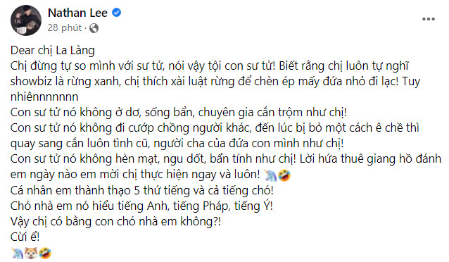 Nathan Lee bất ngờ gửi tâm thư đến 'chị La Làng', gay gắt nhắn nhủ 'đừng tự so sánh mình là sư tử'
