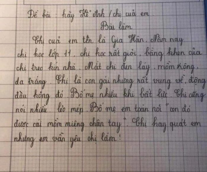 Bé gái làm văn 'bóc phốt' loạt tật xấu của chị gái, câu kết còn tỏ rõ sự 'lươn lẹo' khiến CĐM cười ngất