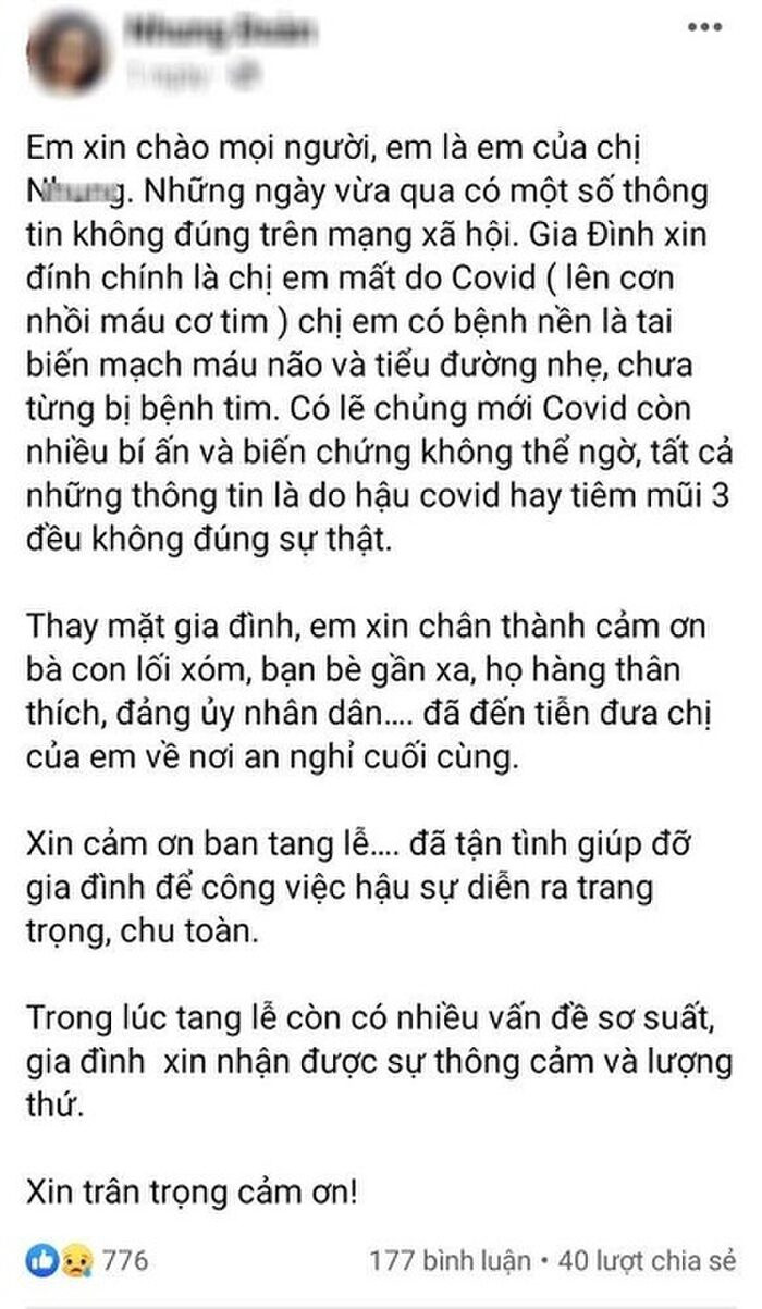 Người phụ nữ qua đời vài ngày sau dương tính Covid-19: Gia đình lên tiếng về nguyên nhân tử vong