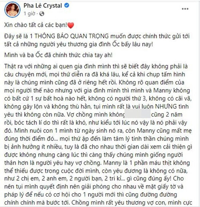 Pha Lê thông báo chia tay chồng Hàn Quốc, vợ nghệ sĩ Tự Long hỏi sốc: 'Pha Lê là ai?'