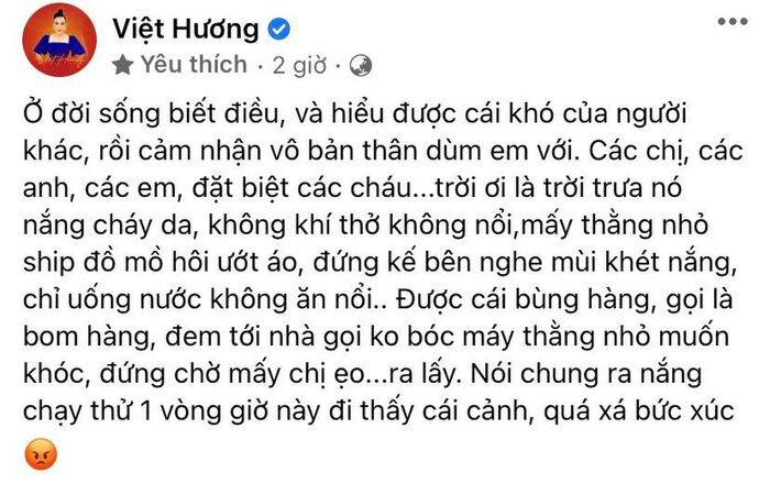 Việt Hương 'giận xanh người' nhắn gửi tới mấy người bùng hàng: 'Ở đời sống biết điều giùm em'