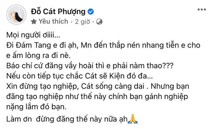 Cát Phượng bất ngờ nhắn nhủ: 'Đi đám tang em đi ạ, thắp nén nhang tiễn cho em ấm lòng'