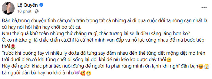 Lệ Quyên nói về đàn bà trong chuyện tình cảm: 'Đừng để người ta phải ớn lạnh khi nghĩ đến bạn'