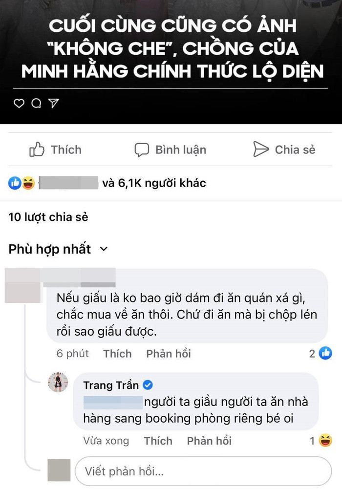 Trang Trần bênh vực Minh Hằng chuyện 'giấu chồng': 'Người ta giàu người ta ăn phòng riêng bé ơi!'