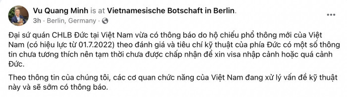 Đức không cấp thị thực cho hộ chiếu phổ thông mẫu mới của việt nam