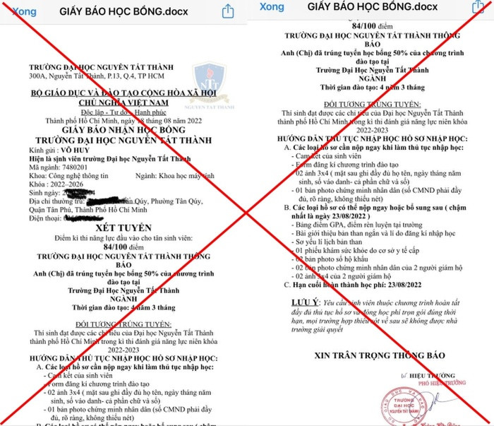 Trường Đại học bị giả mạo giấy báo trúng tuyển đại học và học bổng gửi thí sinh Ảnh 1