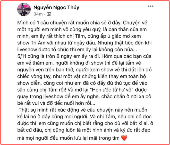 Fan qua đời trước khi kịp xem Tri âm, Mỹ Tâm có chia sẻ lay động triệu trái tim Ảnh 2