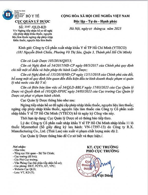 Cục Quản lý dược thông báo ngừng cấp phép nhập khẩu thuốc, nguyên liệu làm thuốc của YTECO.