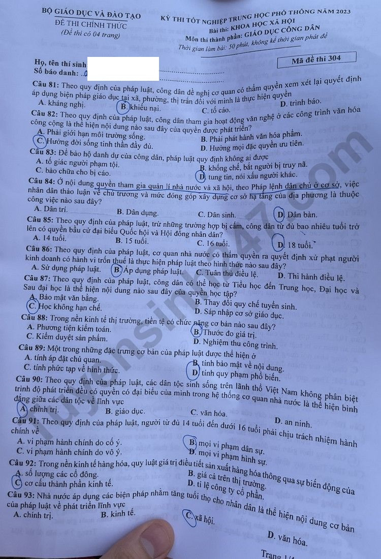 Dap an de thi mon GDCD - Ma de 304 tot nghiep THPT 2023