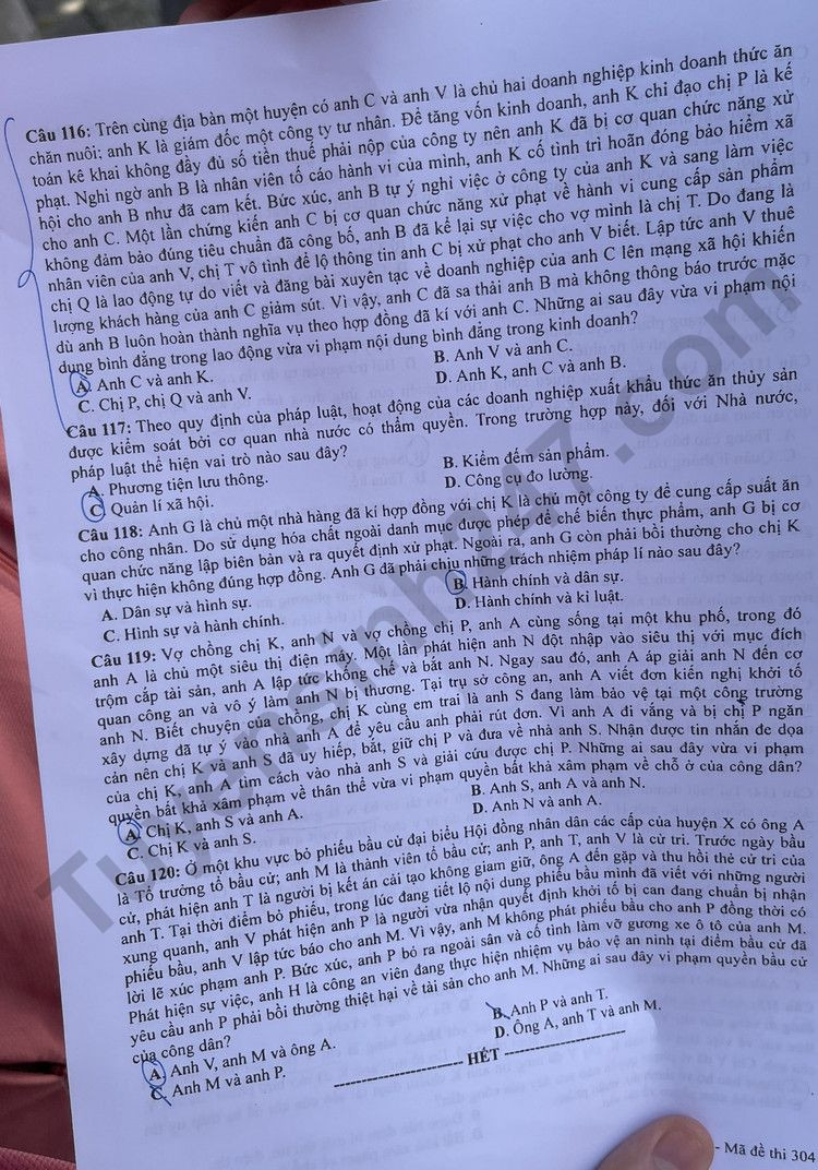 Dap an de thi mon GDCD - Ma de 304 tot nghiep THPT 2023
