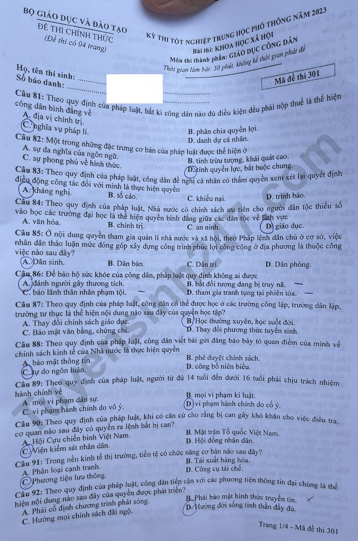 Dap an de thi mon GDCD - Ma de 301 tot nghiep THPT 2023